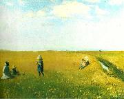 Michael Ancher born og unge piger plukker blomster pa mark nord for skagen oil on canvas